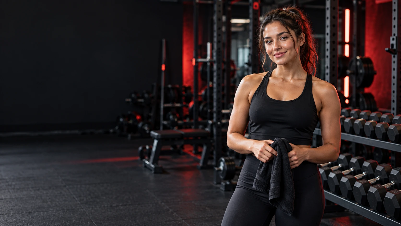 KI-generiertes Fitnessmotiv: Sportlerin im Studio mit roten Lichtakzenten.